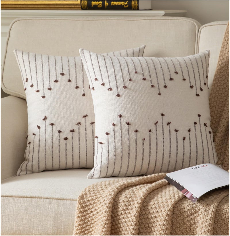 Caflife Boho Throw Pillow Covers 20x20 Set of 2 Decorative Pillows for Bed, Neutral Pillow Covers Beige with Coffee Line Throw Pillows for Modern Farmhouse Couch Sofa Living Room Outdoor - Image 1